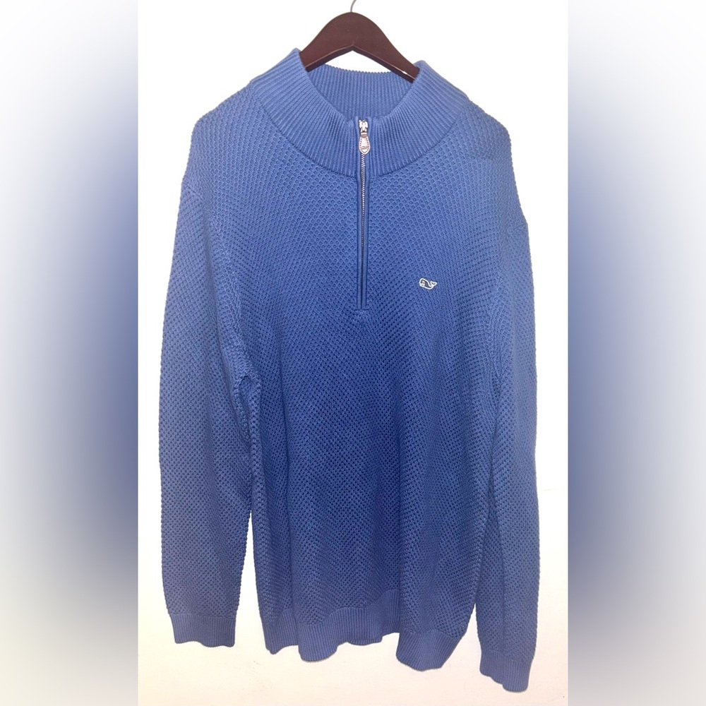 Vineyard Vines Men’s Blue Waffle Knit 1/4 Zip Sweater Large Preppy Old Money
